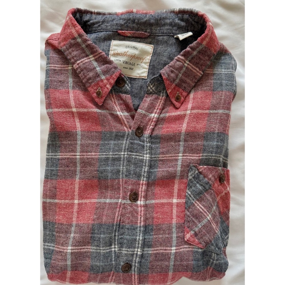 Weatherproof Vintage Mens XXL Red Grey Plaid Flannel Button Down Shirt/Fall/Cozy